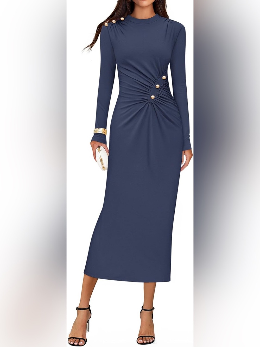 Elegant Blue-Purple Long Sleeve Ruched Midi Dress with Gold Accent Buttons